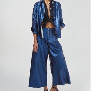 Blue metallic linen culottes
